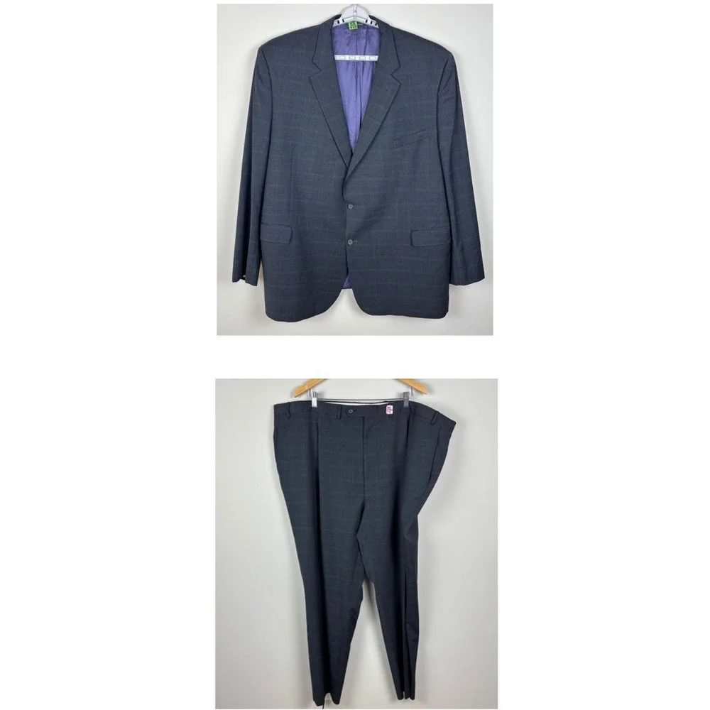 Jack Victor Suit Jacket Mens 56L Pants 52x31 Gray Windowpane Wool Reflex Stretch